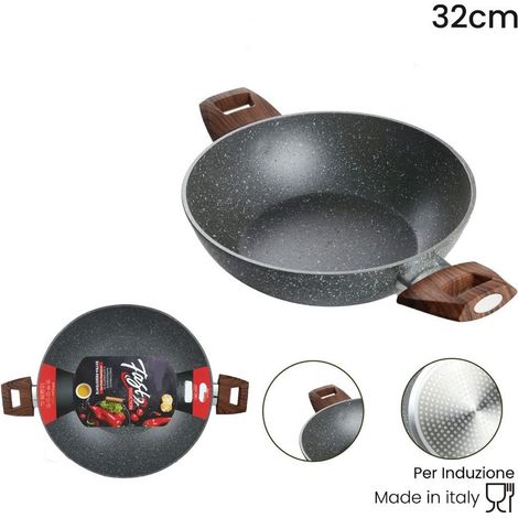 TrAdE Shop Traesio - Wok Rivestimento Antiaderente Antigraffio Per Induzione Con 2 Manici Legno ø24-28-32cm -    -diametro 32cm   -