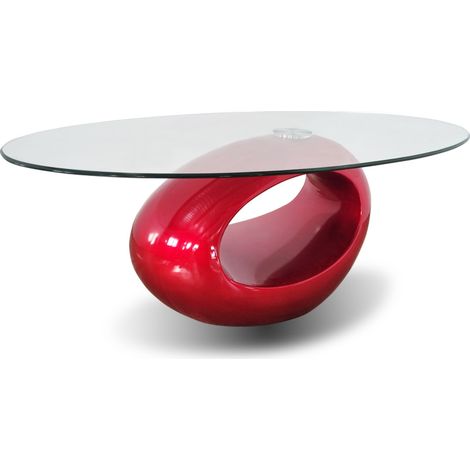Designetsamaison – Table basse fixe rouge ovale en verre trempé 112x68cm – Design unique avec courbures – Pour salon moderne