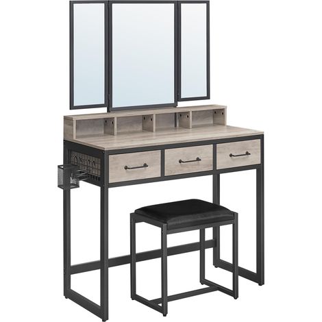 Coiffeuse, Table de Maquillage avec Tabouret Rembourré, avec Miroir Triple, 3 Tiroirs, Porte-sèche-cheveux, Pot, Style Industriel, Grège et Noir RVT004B02 (1/5)