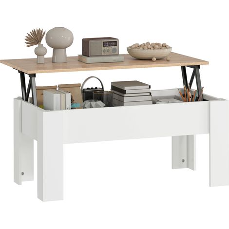 Table basse relevable table salon compartiment caché style moderne salon bureau 100 x 50 x 45 cm blanc (1/5)
