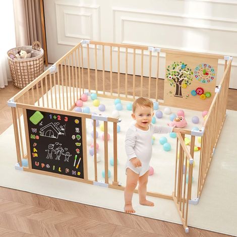 Parc en bois tout-en-un pour bébé avec porte, clôture de jeu réglable en bois avec tableau noir magnétique double face, tableau blanc et jouets d'activités, centre d'activités extensible (1/5)