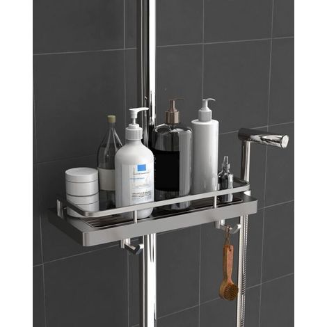 Étagère de douche avec porte-savon intégré, sans perçage, avec crochets de support, 18-25 mm, grise