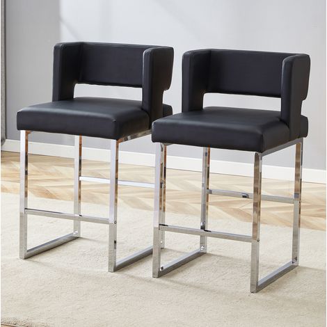 Taburete de bar, diseño nórdico clásico, asiento acolchado cuadrado, patas de metal plateado, PU negro y plateado (1/5)