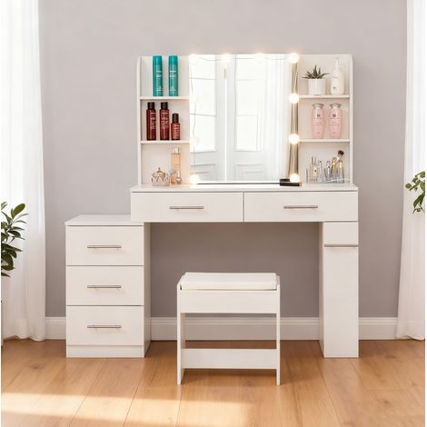 Coiffeuse blanche en MDF avec miroir coulissant, 3 tiroirs, rangement caché, étagères d’angle, 10 LED 3 teintes et tabouret rembourré – de FLORAGRACE (1/5)