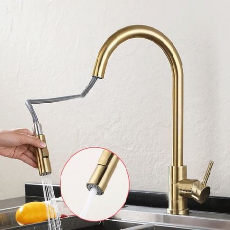 Robinet Douchette Extractible Mitigeur d'évier - Rotatif 360° - 2 jets +2 tuyaux - cuisine-or brossé