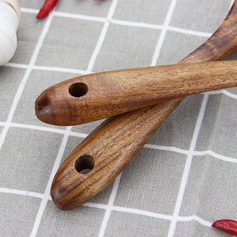 Couverts À Salade En Bois D’acacia, Set 2 Pièces Cuillère Et Fourchette De Service 26 Cm, Ustensiles Cuisine (1/5)