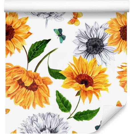 Papier peint tournesols et papillons pour salon et chambre 50x1000 cm (1/5)