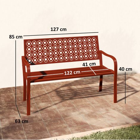 Banc d'extérieur, banc de jardin en acier, dossier ajouré, accoudoirs, pour 2 personnes, rouge (1/5)
