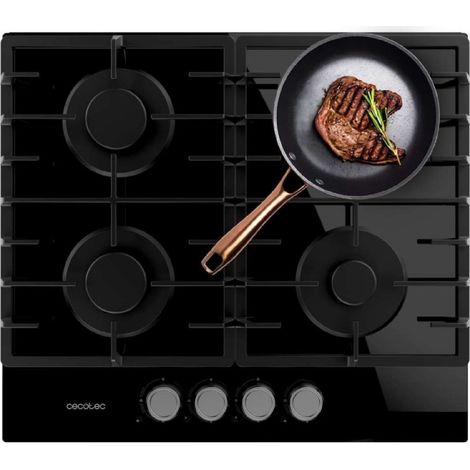 Cecotec Table de Cuisson à Gaz 4 Feux Bolero Squad GN 4200F Glass Black. 8kW, Prête pour le Gaz Naturel, Verre Noir
