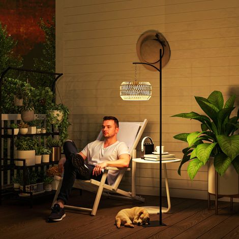 Lámpara de pie solar, estilo ratán, lámparas solares con sensor de luz, luz solar automática de estilo boho, IP44, negro+amarillo