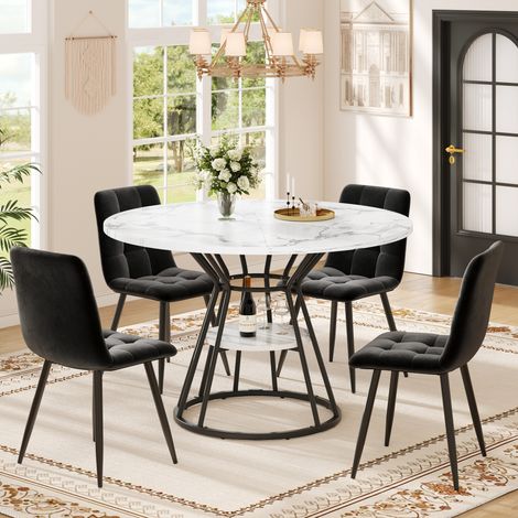 Set da pranzo con tavolo e 4 sedie in MDF effetto marmo e metallo nero, sedie in velluto nero, 100x100x76 cm (1/5)