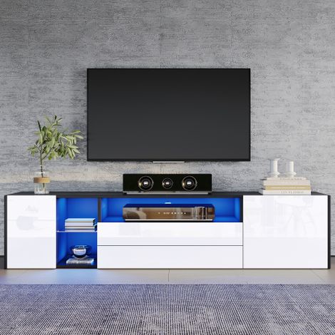Meuble TV 180 x 40 x 45 cm, meuble TV bas laqué brillant avec éclairage LED, meuble TV avec 2 tiroirs et 2 placards, compatible avec les téléviseurs jusqu'à 75 pouces, meuble TV bicolore noir et blanc (1/5)