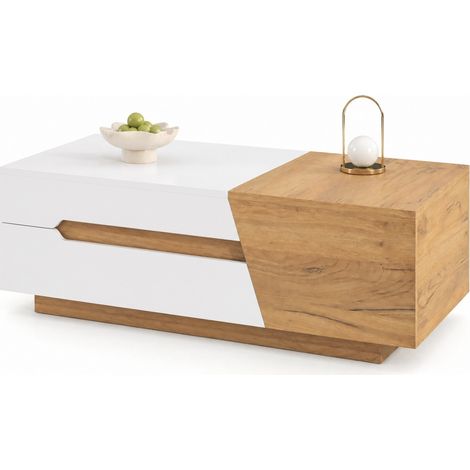 Table basse relevable avec rangements, 2 tiroirs et plateaux coulissants, design blanc et bois clair, 120 cm pour salon moderne et pratique - CHICFURN (1/5)