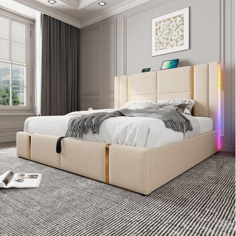 CHICFURN Cama doble 140x200 cm de lino beige, LED y USB-C, cabecero, almacenamiento (1/5)