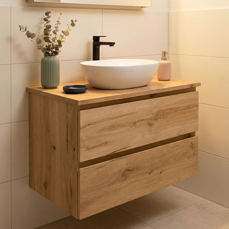 Meuble de salle de bain suspendu 80 cm avec plan de toilette, 2 tiroirs, chêne Halifax mat, SAT B-Way (BWAY280OAKDESK) (1/5)