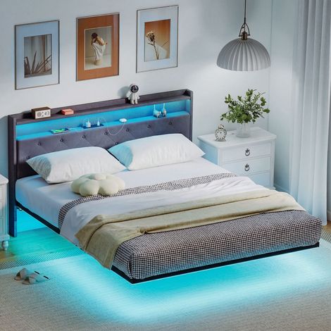 Estructura de cama de 160 x 200 cm con somier de láminas de acero, cama doble flotante con luces LED RGB y estación de carga, color gris.