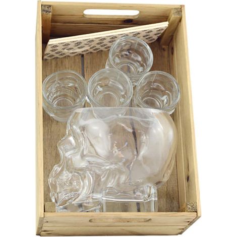 Pack de chaudière : boîte en bois + 1 gobelet Tiki de 600 ml en forme de crâne + 4 bavettes de 50 ml + 2 porte-shoots imprimés (1/5)