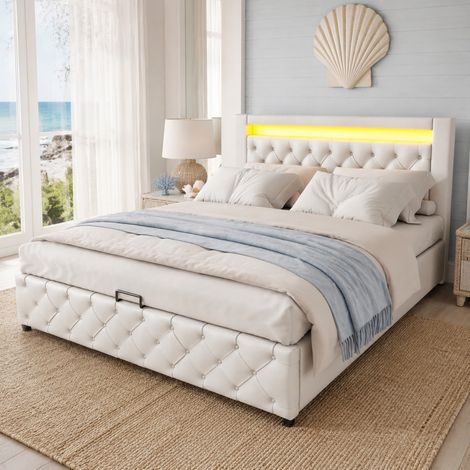 Letto contenitore matrimoniale 160x200 cm, con illuminazione LED e rete a doghe, in PU bianco, senza materasso (1/5)