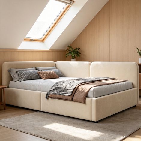 Lit coffre 140x200 cm avec rangement hydraulique et tête de lit rangement lit double avec sommier à lattes en tissu beige (1/5)