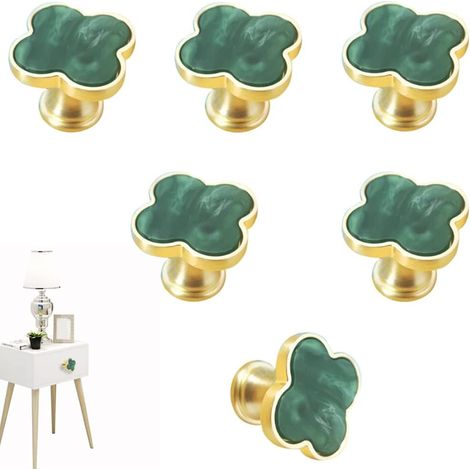 Lot de 6 boutons de porte en forme de trèfle à quatre feuilles, poignées créatives dorées pour commode, armoire, en alliage de zinc, à un trou (vert). (1/5)