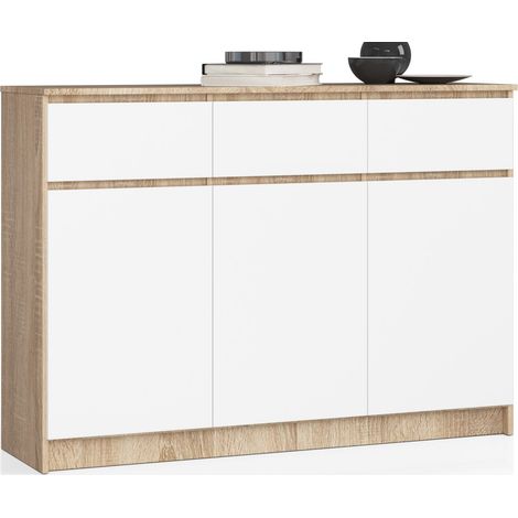 Akord – Commode 138 cm chêne sonoma – 3 portes, 3 tiroirs, 6 étagères – Panneau stratifié, finition mate – Dimensions 138x40x99 cm