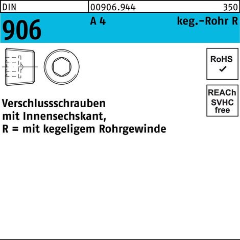 DIN 906 Verschlussschraube Kegeliges Rohrgewinde VG 1" Edelstahl A4 blank Innensechskant (1/2)