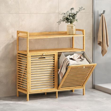 Meuble range linge bambou 2 paniers 41 L et 2 étagères 82 cm (1/5)