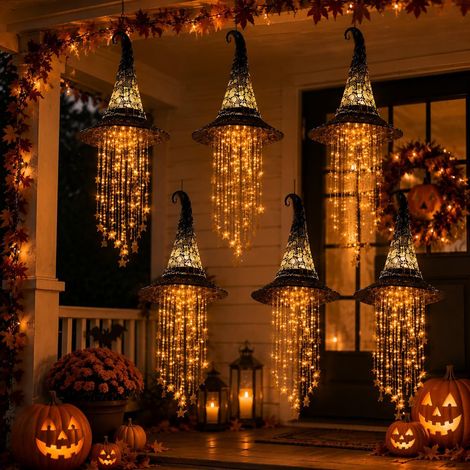 6 pièces Décoration Halloween Lumineuse LED, Chapeau de Sorcière avec Étoiles en Cascade, Suspension pour Porche, Arbre et Terrasse (1/5)