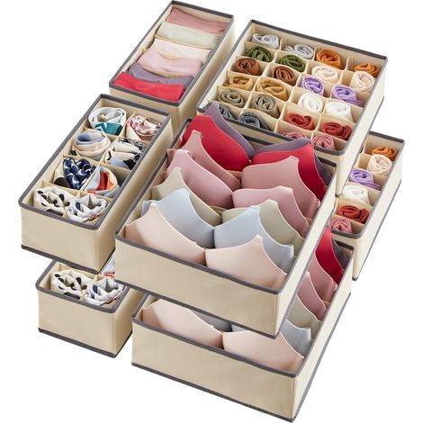 Lot de 8 Organisateur séparateur de sous vêtements pour le Tiroir, Rangement Tiroir Pliable en Tissu, Boite Rangement Vetement Armoire pour Chaussettes, Culottes, Cravates, Kaki (1/5)