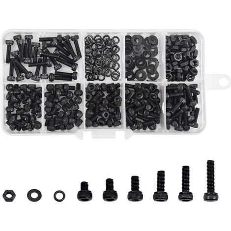 Vis à Tête Creuse Hexagonale M3 - Acier Au Carbone - 4 5 6 8 10 12 mm - Écrous M3 + Rondelles Plates et Frein - Boîte de Rangement - 300 Pièces (1/5)