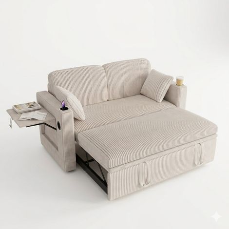 ELVMI Canapé convertible 3 en 1 avec dossier inclinable, ports USB et Type-C, porte-gobelets, en velours côtelé, Blanc (1/5)