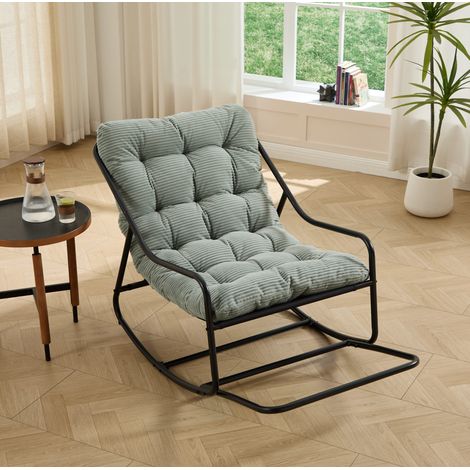 Sedia a dondolo da esterno in acciaio nero con cuscino verde chiaro, 75x116x82 cm, movimento regolabile (1/5)