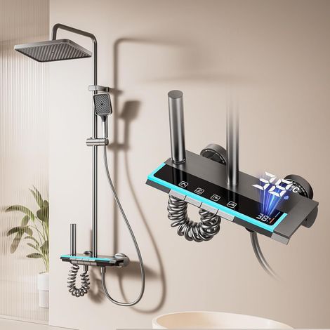 Shower Column with Digital LED Display and Clock, Mood Lighting, Adjustable Height Tap with Piano Buttons and Bidet Shower Head for Bathroom (1/5)