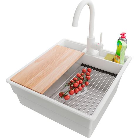 PRIMAGRAN Evier Cuisine en Granit 48x53cm,Lavabo 1 bac + Robinet 32x20cm + Kit de Vidage + Accessoires, Évier à Encastrer au meuble 50cm - New York, Blanc (1/5)