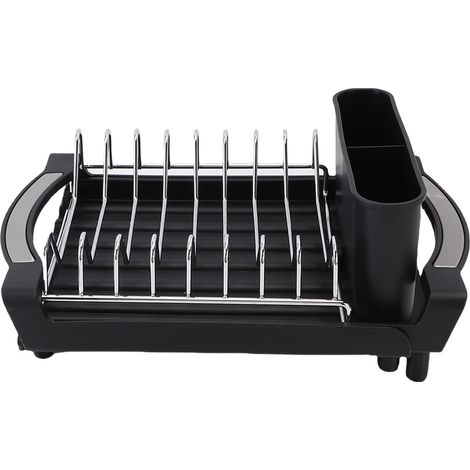 Égouttoir à vaisselle extensible en acier inoxydable avec bac de récupération et porte-couverts amovible pour plan de travail cuisine noir (1/5)