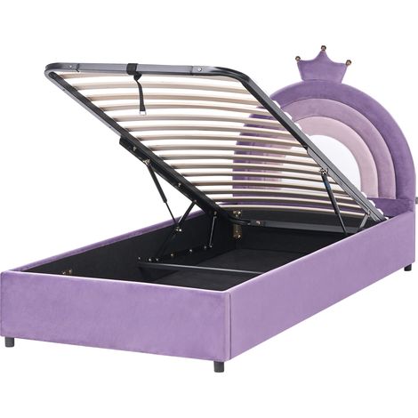 Cama infantil tapizada moderna de terciopelo 90 x 200 cm con somier de listones espacio de almacenaje violeta Grisetot (1/5)