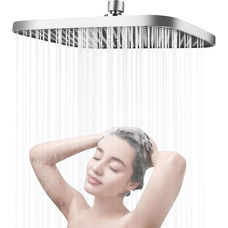 Pommeau de douche à effet pluie, 35,5 cm, en acier inoxydable, économe en eau, carré, réglable à 360°, auto-nettoyant, tête de douche encastrée (1/5)