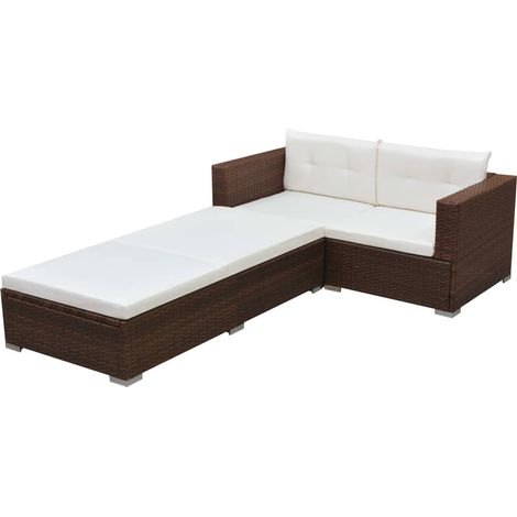 3-tlg. Garten-Lounge-Set mit Kissen Poly-Rattan Braun