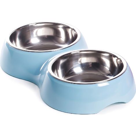 Ciotola Doppia per Cani e Gatti con 2 Vaschette in Acciaio Inox da 0,8 L, Dispenser Acqua e Cibo, Base in Plastica Resistente, 20,5 x 20,5 x 6 cm Azzurro (1/4)