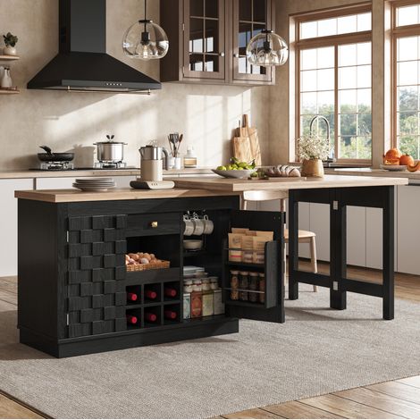 Isola cucina girevole 360° in MDF e metallo, nero, 120-197 cm con cassetti e portavino (1/5)