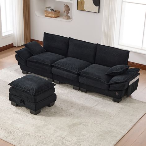 Modulares 3-Sitzer Cordsofa Schwarz mit Hocker und Stauraum, Couch mit USB-C Anschluss & Seitentaschen, Ergonomisches Sofa 260x132x84cm (1/5)