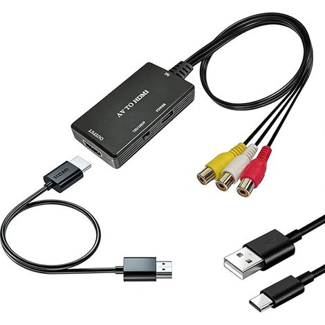 Convertidor de audio y vídeo HDMI a AV en carcasa de ABS, adaptador de salida HDMI a RCA compuesto 1080P, Plug and Play exclusivo, compatible con televisores, monitores y reproductores con cable (negr (1/5)