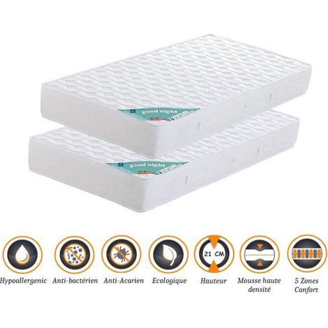 Lot de 2 Matelas 90x200 x 21 cm - Très Ferme - Aertech+ 35 Kg/m3 HR Haute Densité- 5 Zones de Confort (1/4)