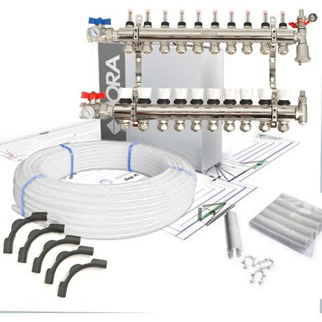 Collecteur pour plancher chauffant hydraulique 10 sorties – Laiton, vannes 1", thermomètre, débitmètre, tube PER 90m – Prêt à poser – Hora