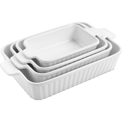 Lot de 4 Plats à Four en Céramique, Plat à Gratin avec Poignées Rectangulaire Blanc, Idéal pour Tartes, Gratins, Gâteaux et Lasagnes, Résistant au Four (1/5)