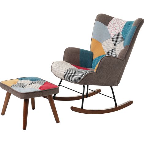 ELVMI Sillón mecedora con reposapiés respaldo acolchado diseño patchwork espuma madera maciza y hierro multicolor (1/5)