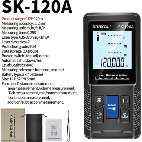 SNAKOL 3-in-1 Laser-Entfernungsmesser mit Maßband: 40/50/70/100/120 Meter, SK-120A 120-Meter-Digital-tragbares elektronisches Messgerät (1/5)