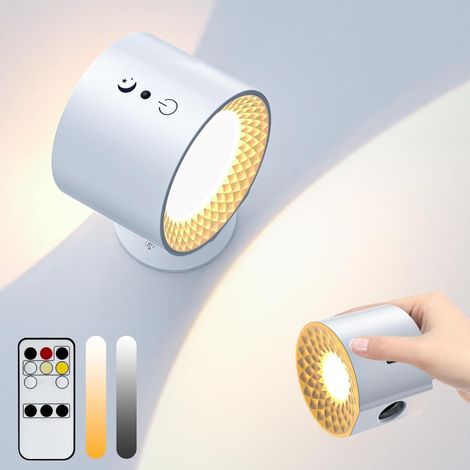 Lampe murale LED orientable 360° avec télécommande et toucher, double face, 3 modes de couleur, rechargeable par USB, applique rotative pour intérieur, pot mural inclus (1 unité - Blanc) (1/4)