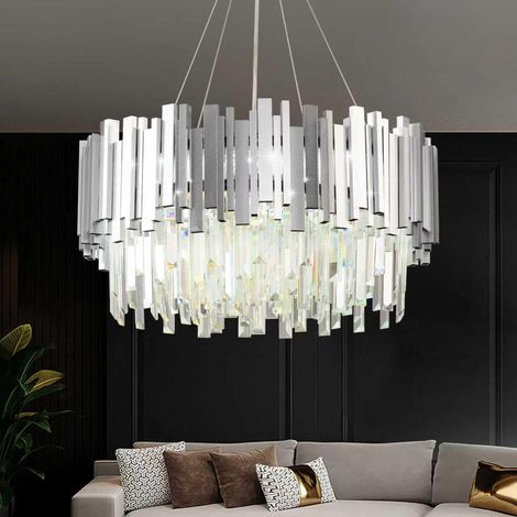 Lustre en cristal moderne,2 en 1 Chandelier en Cristal Moderne Pendentif en Or,9xE14 Lampe à Pendentif en Cristal Rond pour salle à manger, cuisine, salon, chambre, couloir(55 55 Cm,Argento) (1/5)