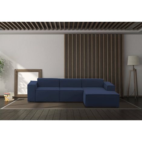 Talamo Italia Canapé fixe Giovanna, Canapé modulable 3 places avec péninsule droite, 100% Made in Italy, Canapé moderne en tissu, Cm 300x170h70, Bleu, avec emballage renforcé (1/5)